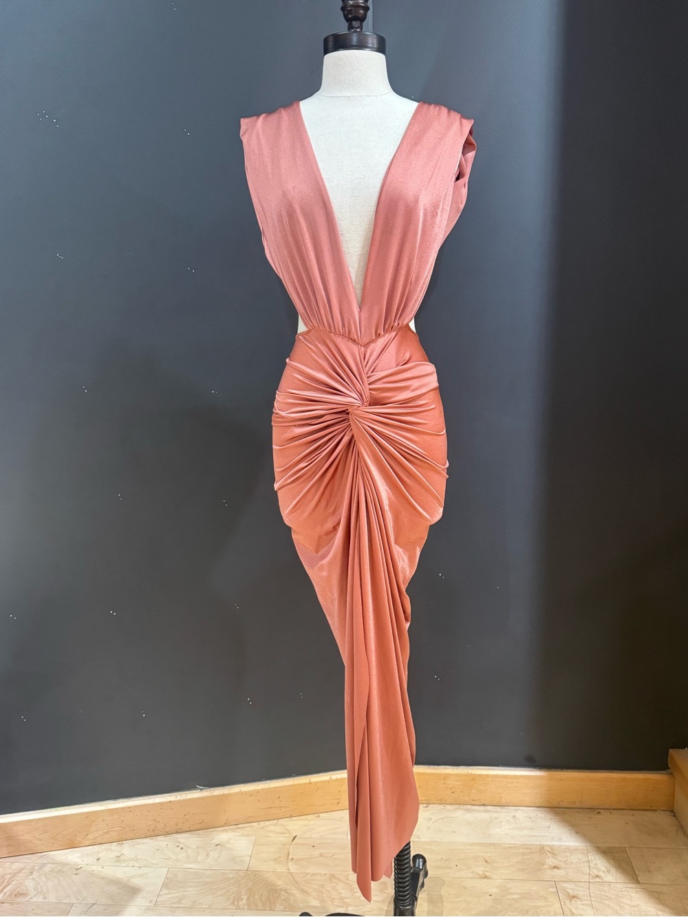 Baobab Collection One-Shoulder Ruched Twist Midi Dress in Dusty Rose